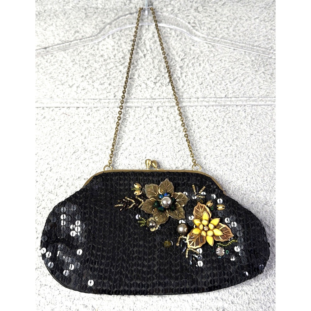 Accessorize Bag Purse Womens Small 8"x4" Black Beaded Sequins Flowers